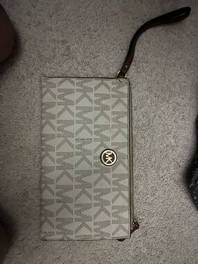 Michael Kors Beige Logo Wristlet Clutch with Brown Strap